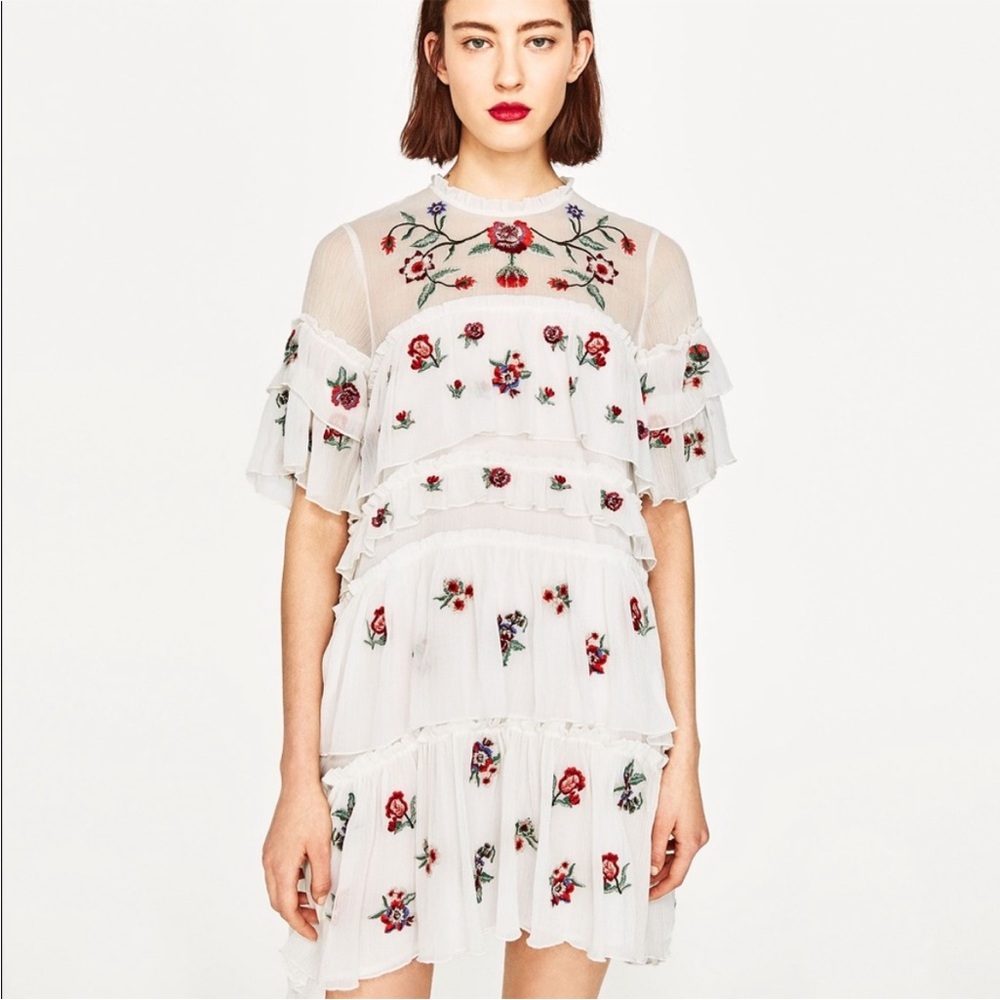 Zara Ivory Floral Whimsy Boho Embroidered Chiffon Tiered Lined Mini Dress Med - Picture 2 of 16